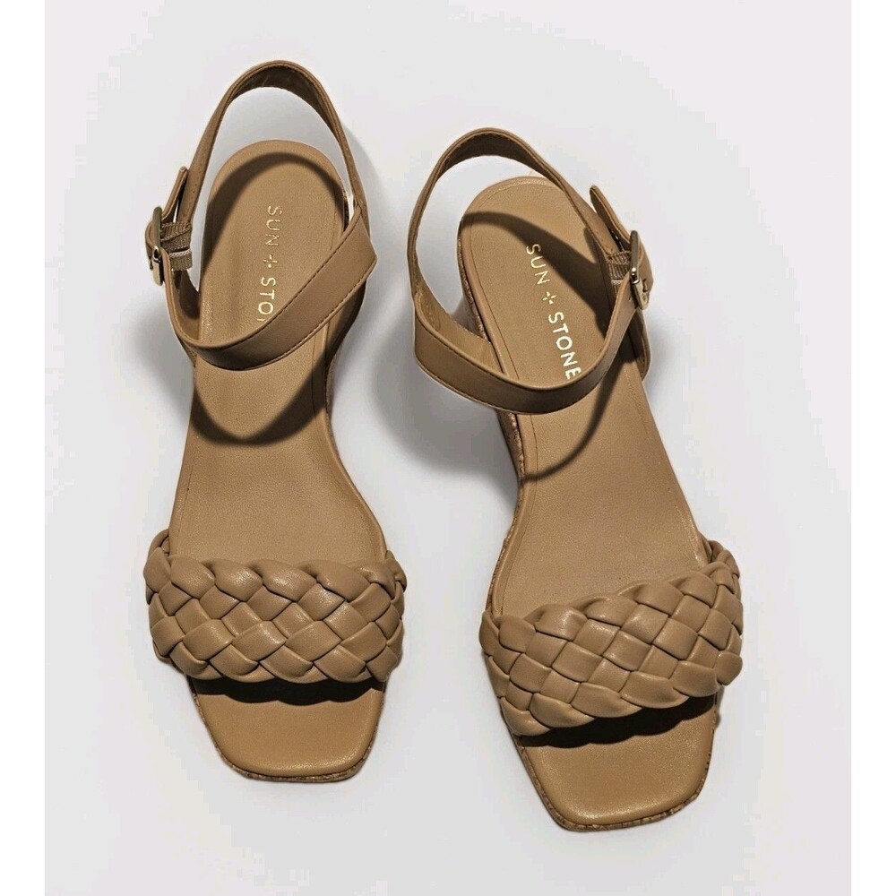 SUN + STONE Allvina Women’s Faux Leather Cork 2.5" Wedge Sandals Size 8.5
